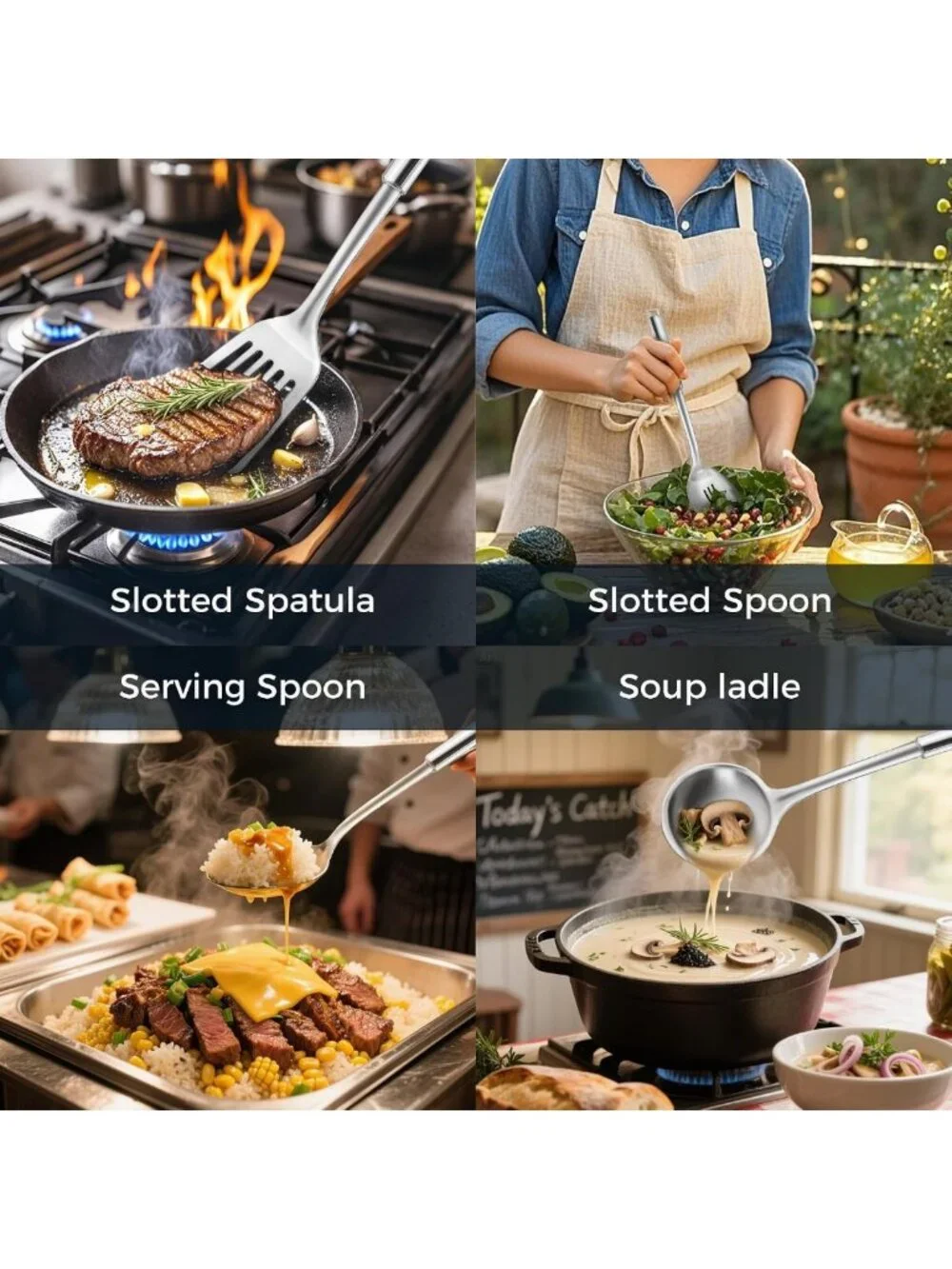 Stainless Steel Cooking Utensil Set - Ergonomic, Dishwasher Safe, 4-Piece